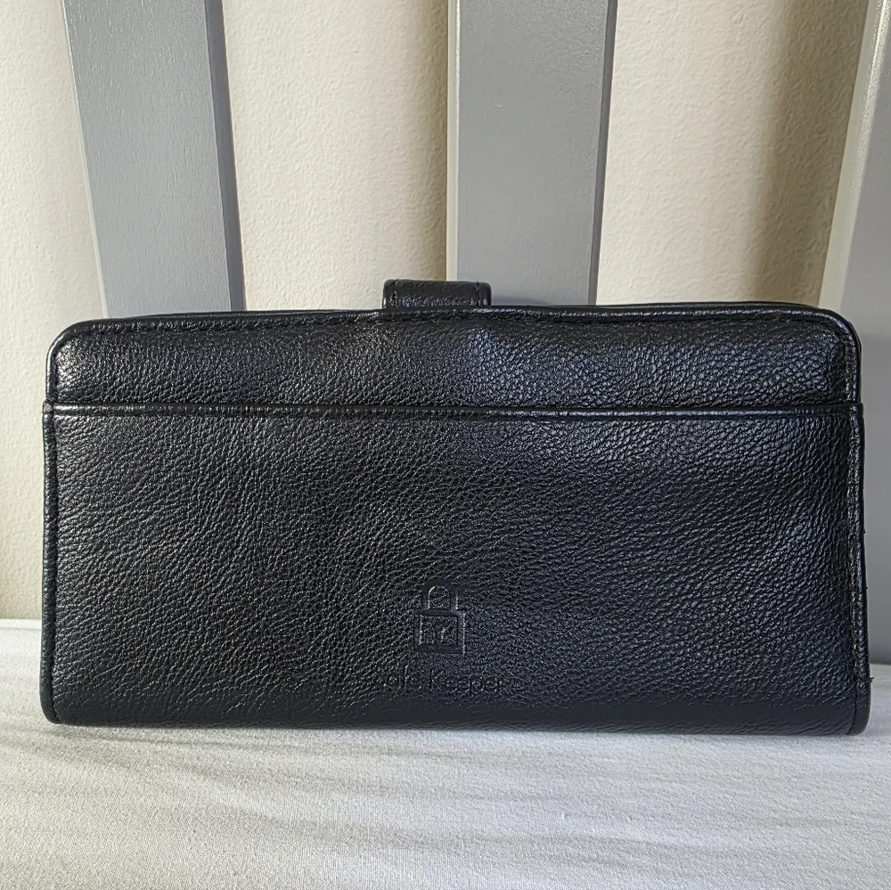 Black Faux Leather Bi Fold Wallet with Gold Snap Accent